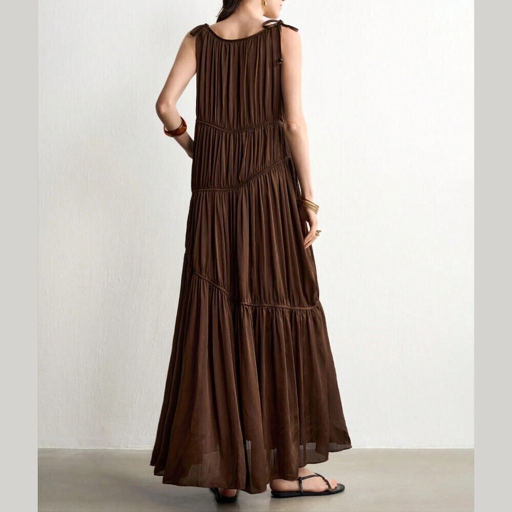 Chocolate Brown Tiered Cinched Maxi Dress with Shoulder Ties - Picture 6 of 9